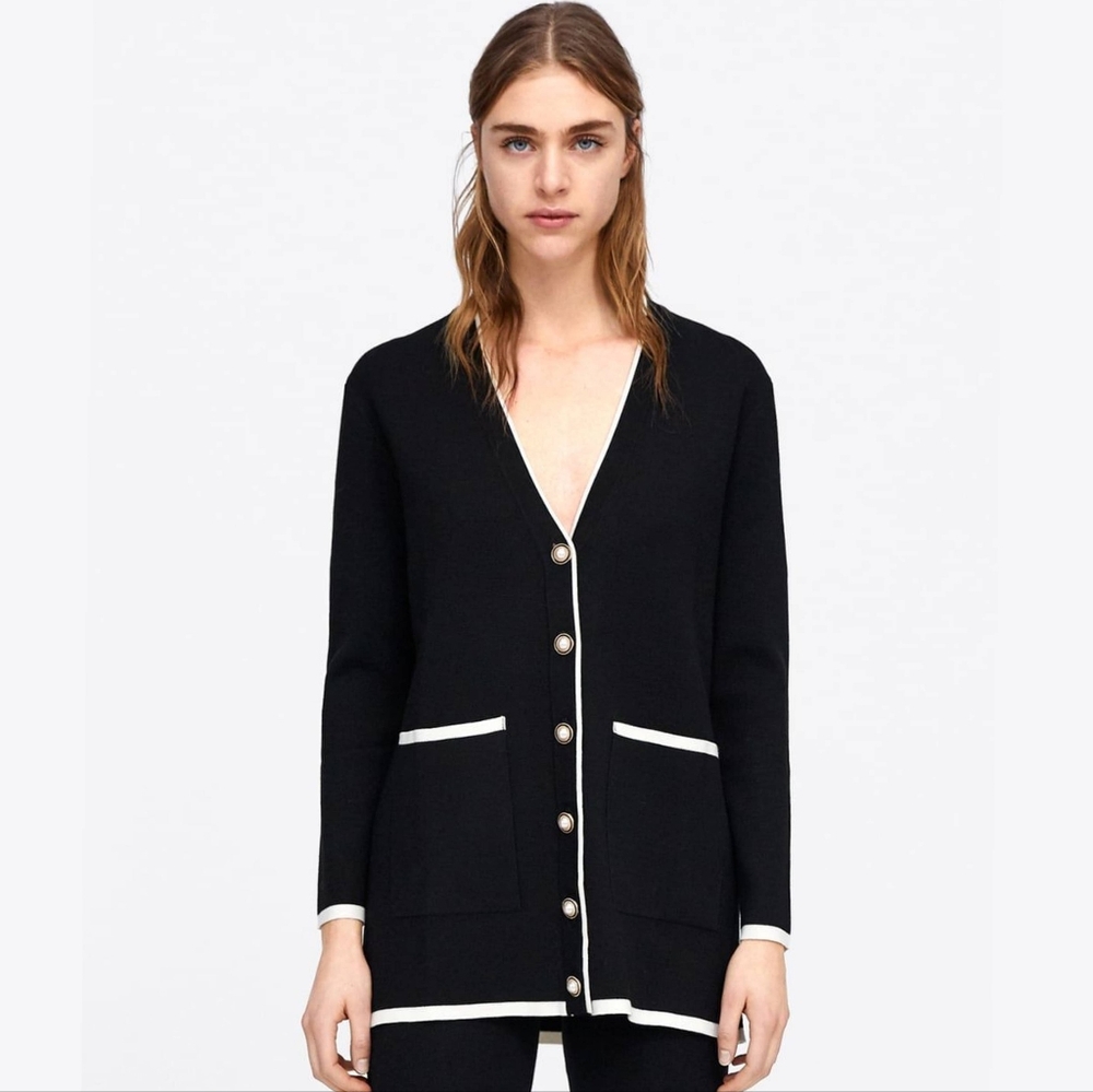 Zara Black Cream V-Neck Button Up Preppy Formal Sweater